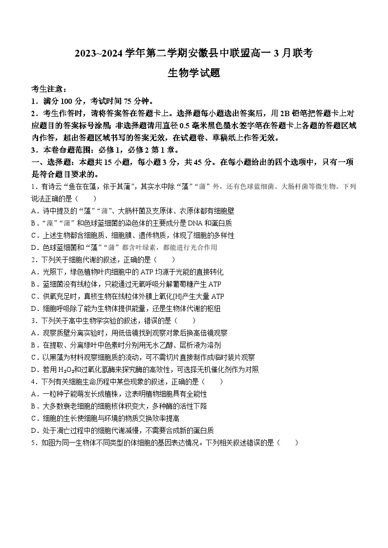 安徽省皖北县中联盟2023-2024学年高一下学期3月月考生物试题01