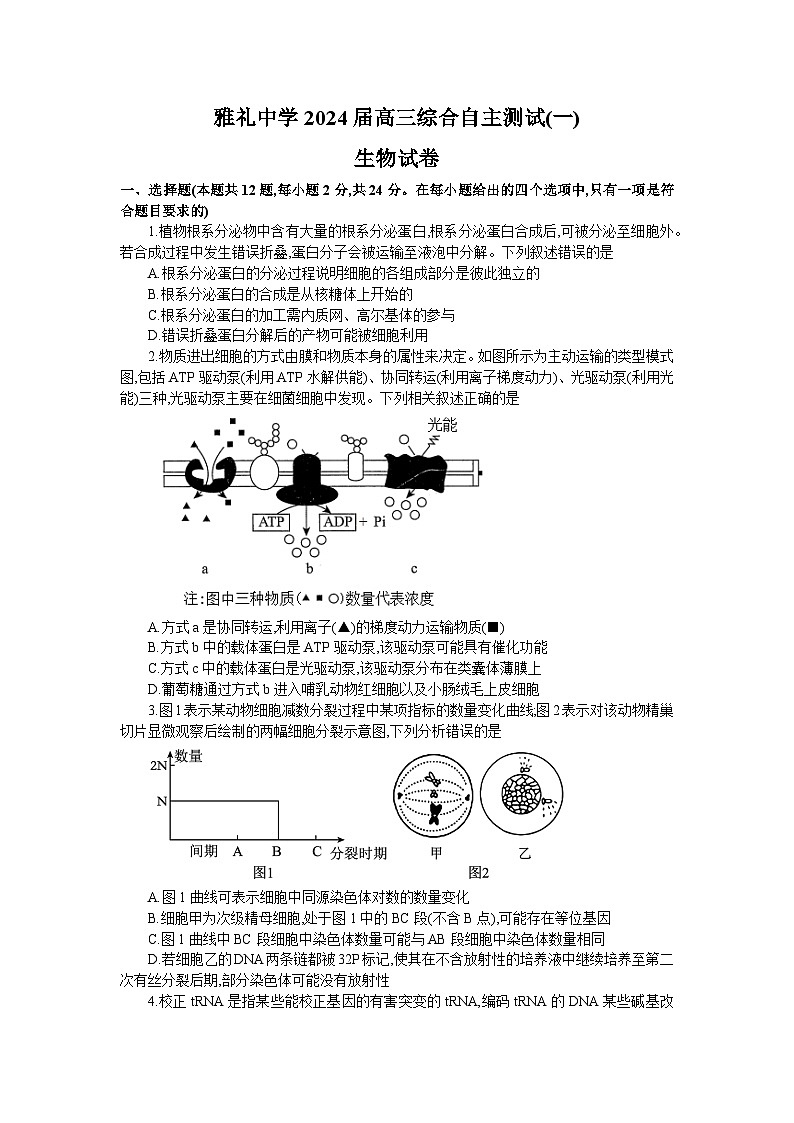 湖南省长沙市雅礼中学2024届高三下学期3月综合测试（一）生物第1页