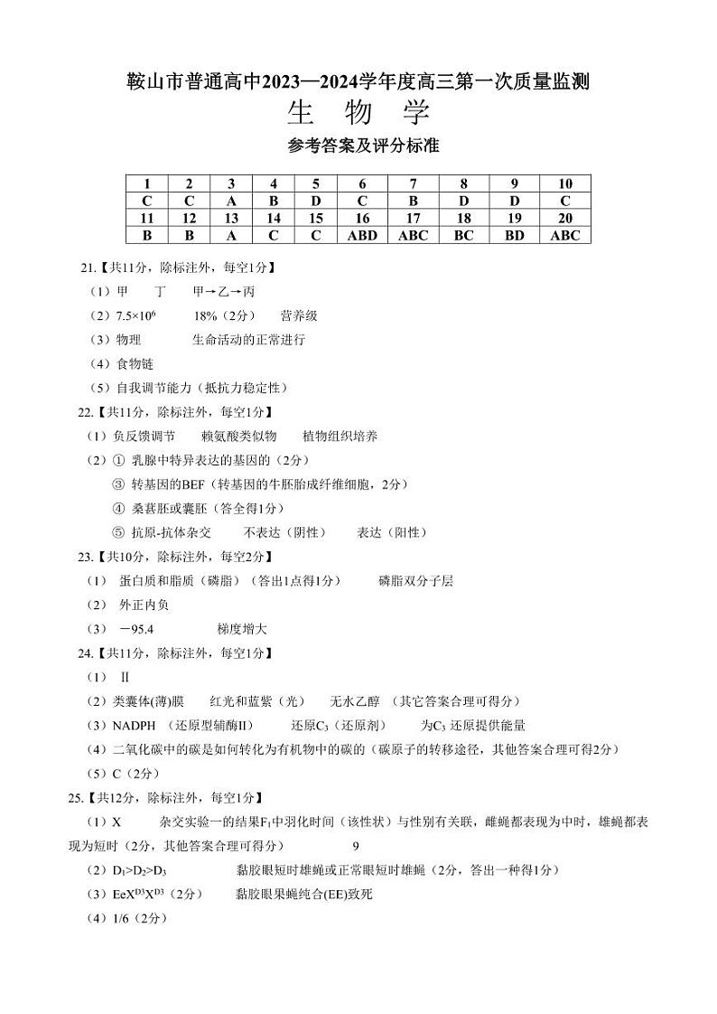 辽宁省鞍山市2023-2024学年高三上学期第一次质量监测 生物答案01