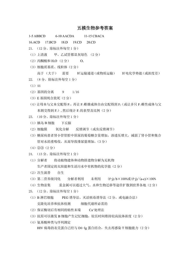 2023届辽宁省实验中学高三第五次模拟考试 生物答案第1页