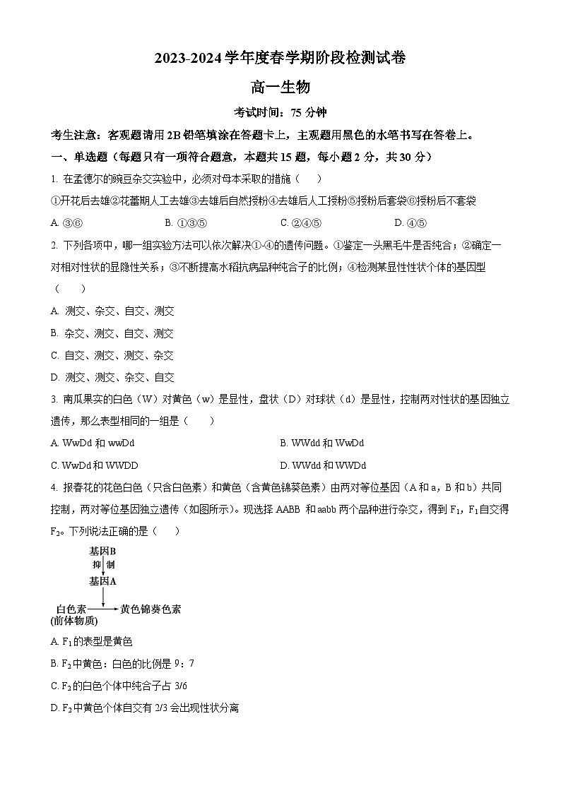 江苏省无锡市江阴市两校联考2023-2024学年高一下学期3月月考生物试题（原卷版+解析版）01