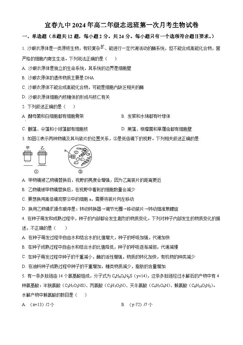 精品解析：江西省宜春市第九中学2023-2024学年高二下学期志远班第一次月考生物试卷（原卷版）第1页