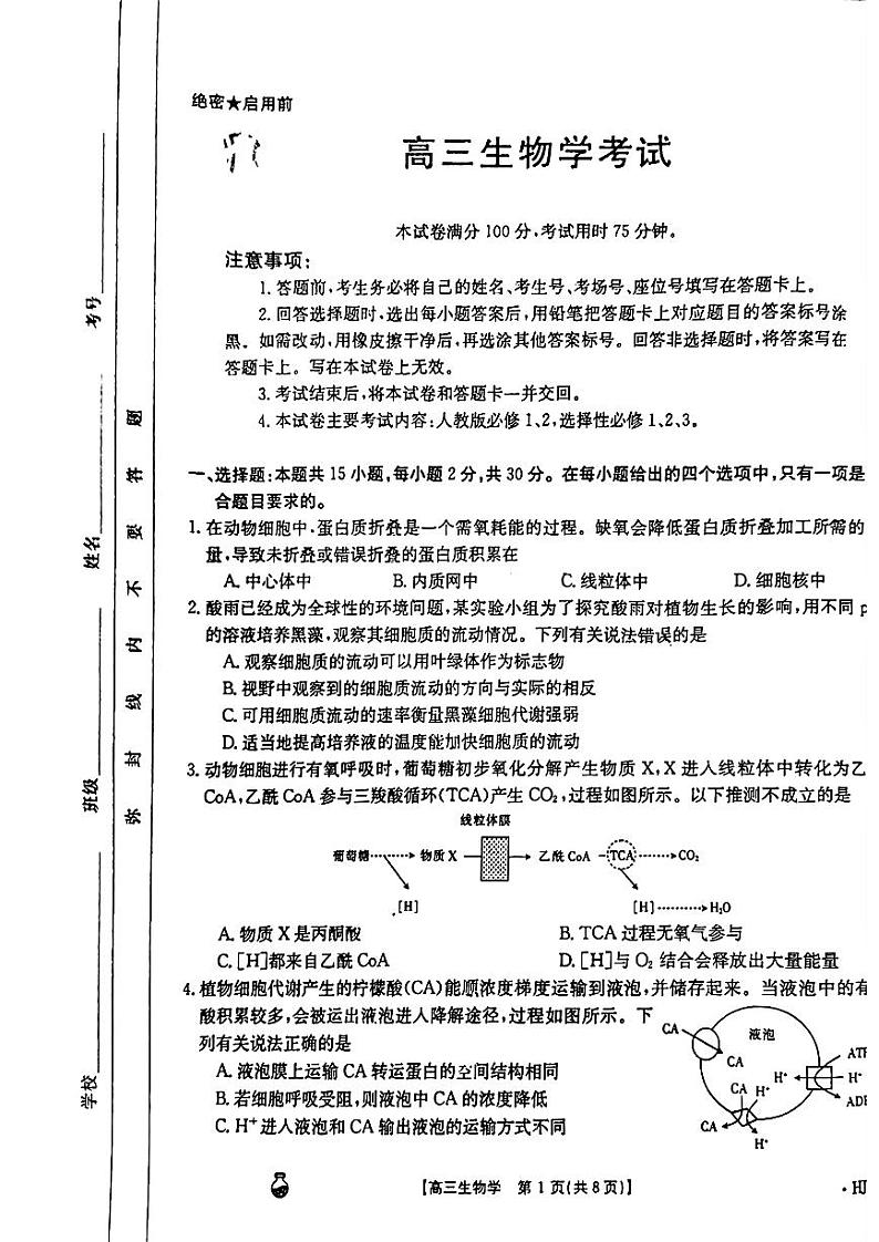 2024届高三3月金太阳百万联考（新高考）2023-2024年3月河北省邢台市五岳联盟高三下学期生物试题01