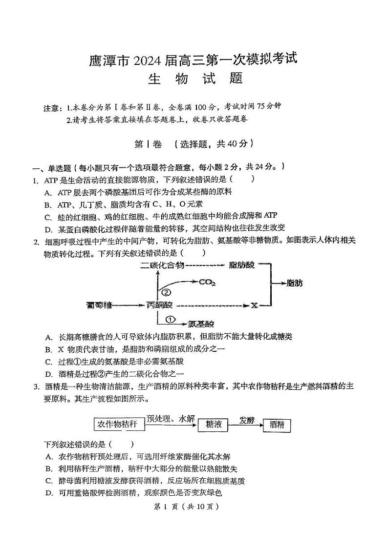 2024届江西省鹰潭市高三下学期第一次模拟考试（鹰潭一模）生物试题及答案01
