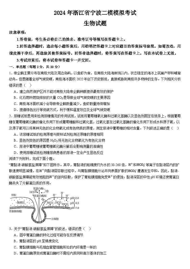 2024届浙江省宁波市高三二模模拟考试生物试题第1页