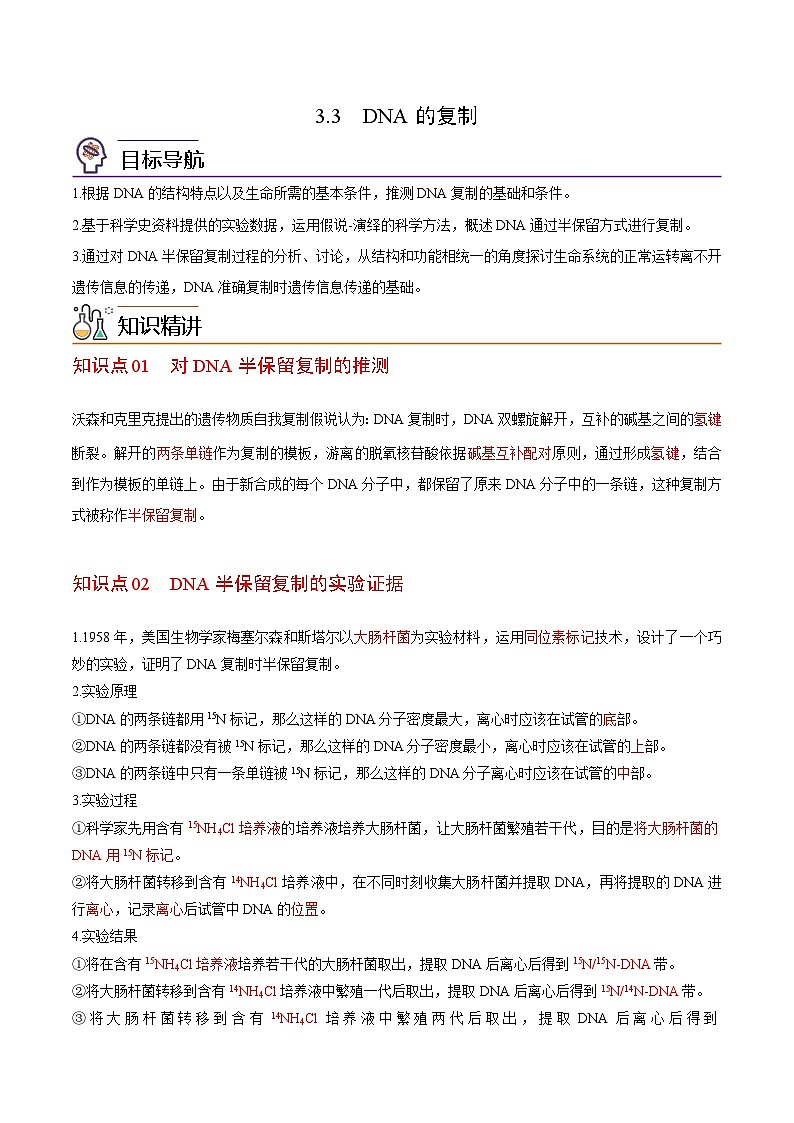 3.3 DNA的复制（学生版）-高一生物同步精品讲义（人教必修2）第1页