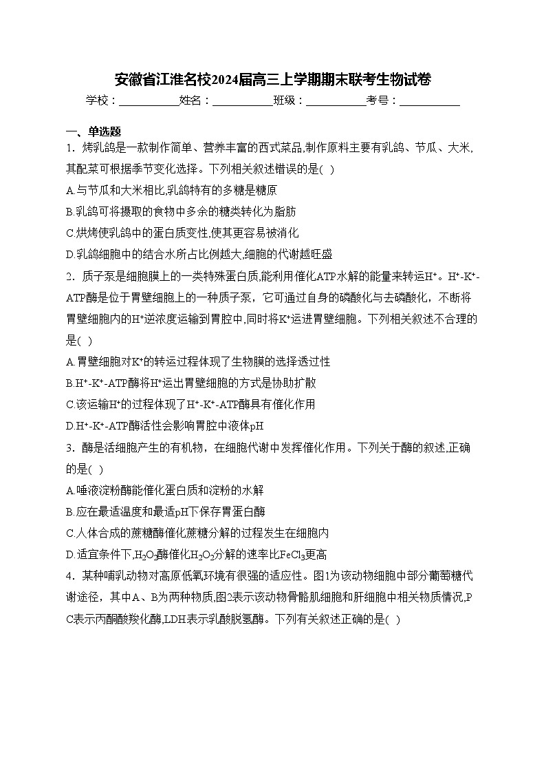 安徽省江淮名校2024届高三上学期期末联考生物试卷(含答案)01