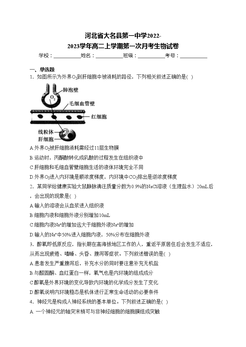 河北省大名县第一中学2022-2023学年高二上学期第一次月考生物试卷(含答案)01