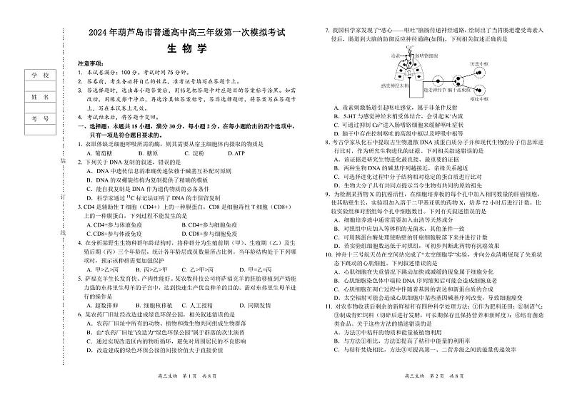 2024年辽宁省葫芦岛市普通高中高三年级下学期第一次模拟考试生物试卷第1页