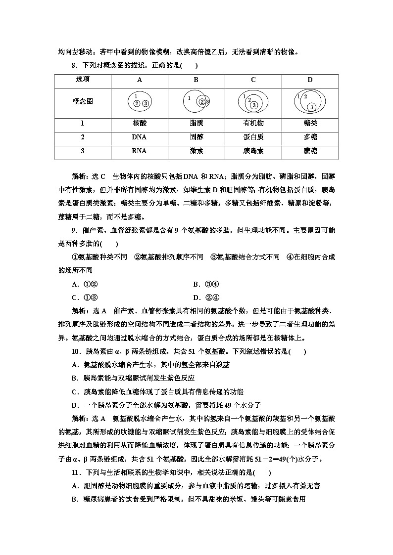 人教版高中生物必修1阶段验收测试（一）走近细胞组成细胞的分子含答案03