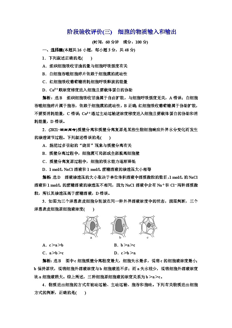 人教版高中生物必修1阶段验收测试（三）细胞的物质输入和输出含答案01