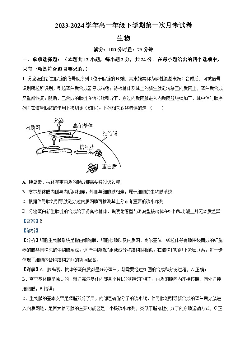 精品解析：湖南省岳阳市岳阳县第一中学2023-2024学年高一下学期3月月考生物试题（解析版）第1页