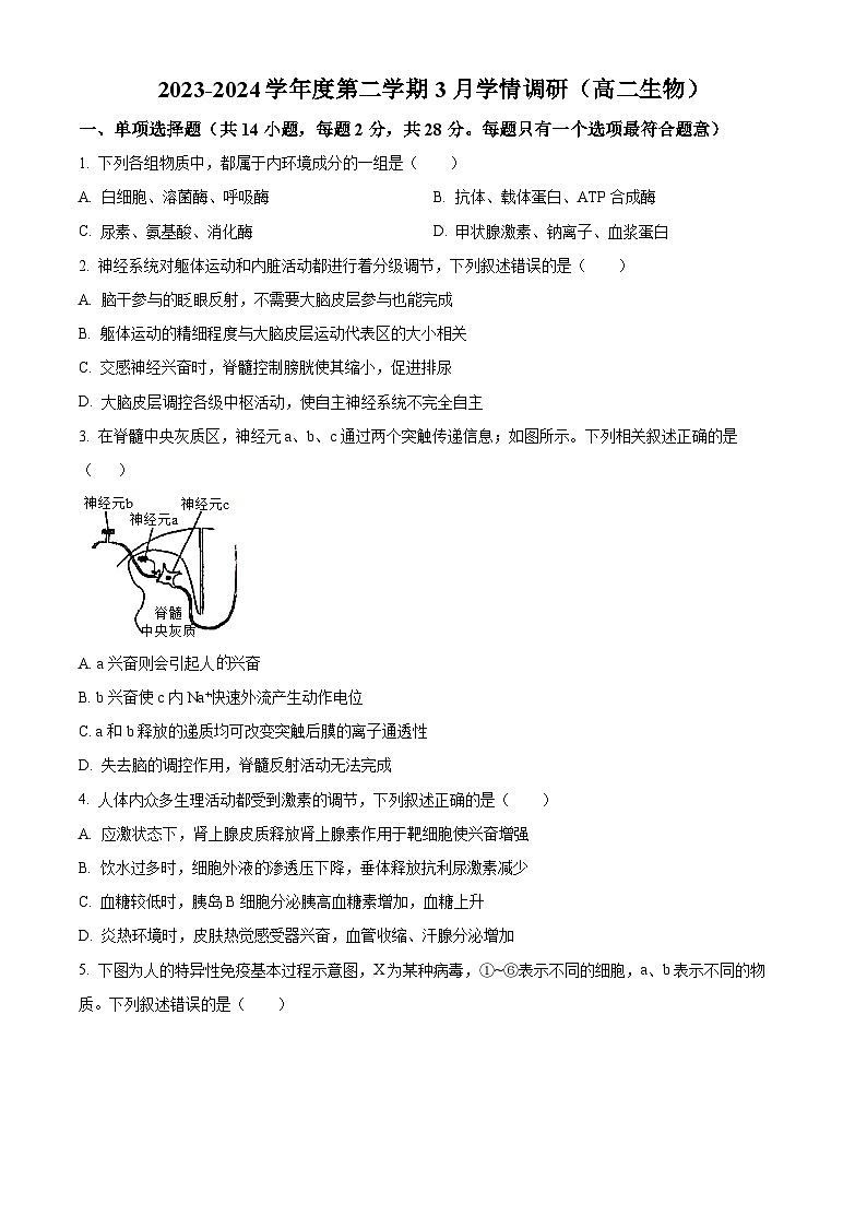江苏省镇江市六校联考2023-2024学年高二下学期3月月考生物试题（原卷版+解析版）01