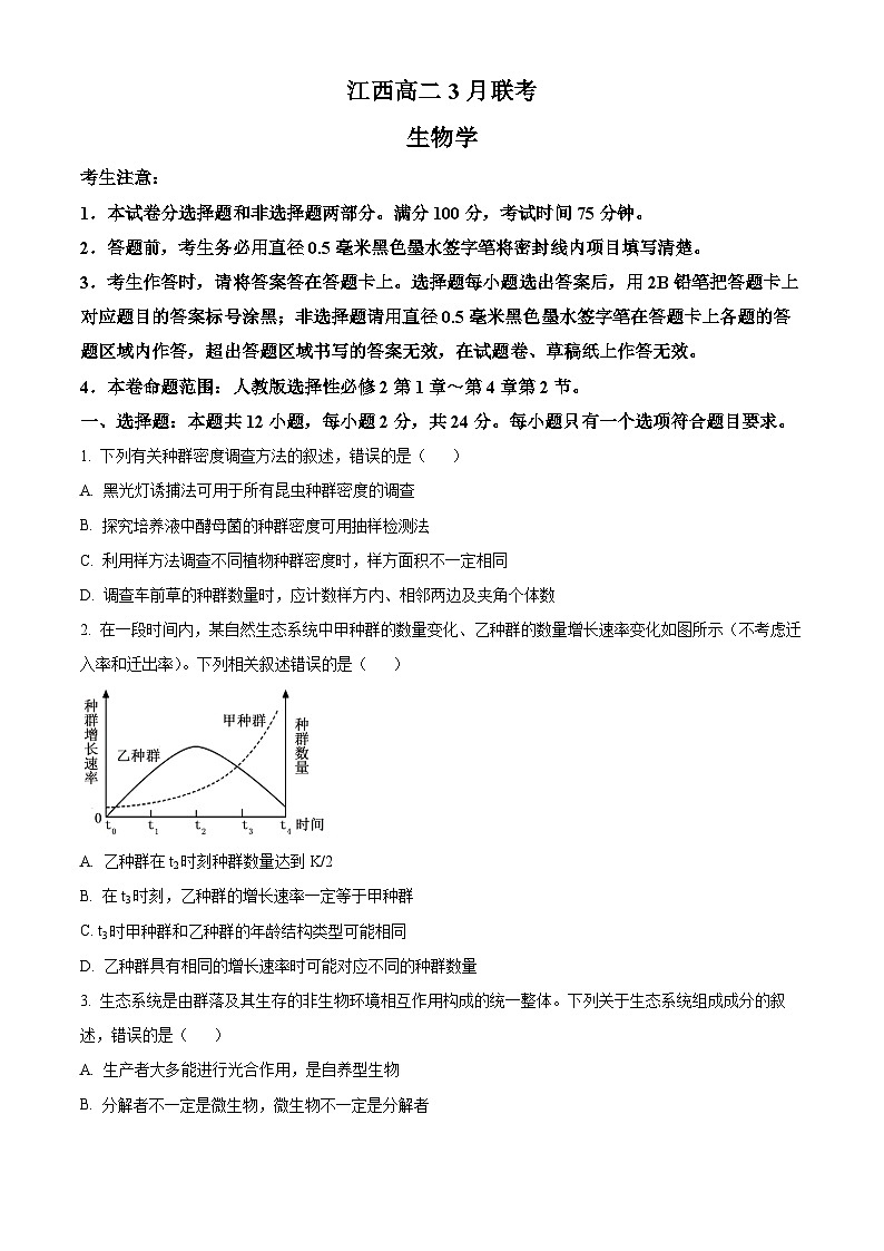 江西省吉安市多校联考2023-2024学年高二下学期3月月考生物试题（原卷版+解析版）01