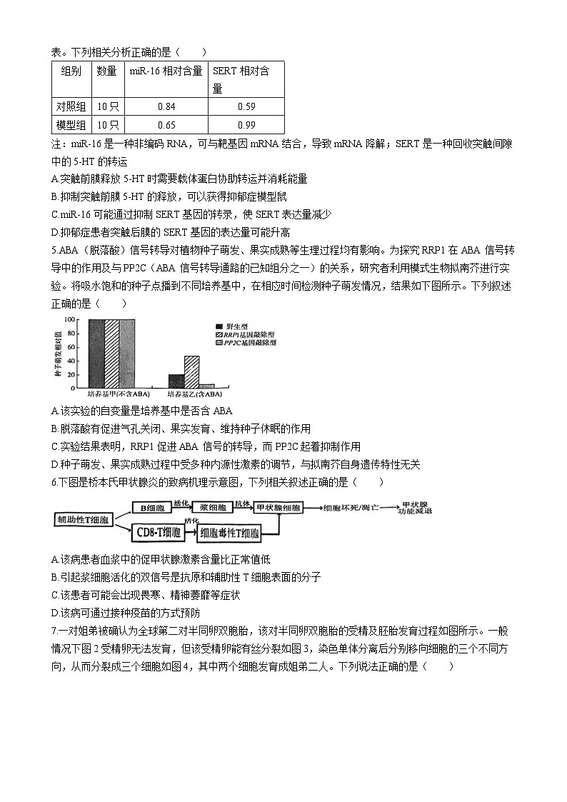 2024届天津市河东区高三下学期一模考试生物试题02