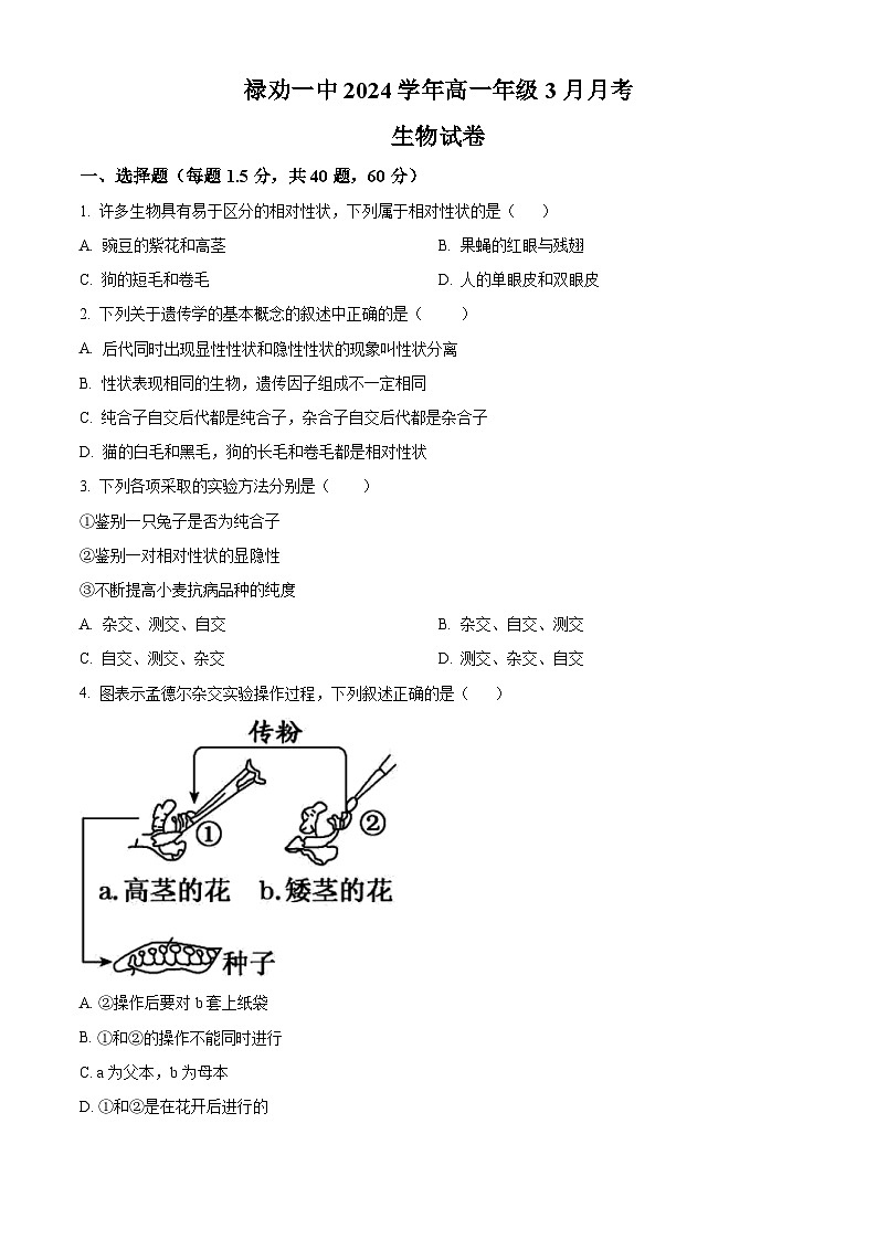 精品解析：云南省昆明市禄劝彝族苗族自治县第一中学2023-2024学年高一下学期3月月考生物试题（原卷版）第1页