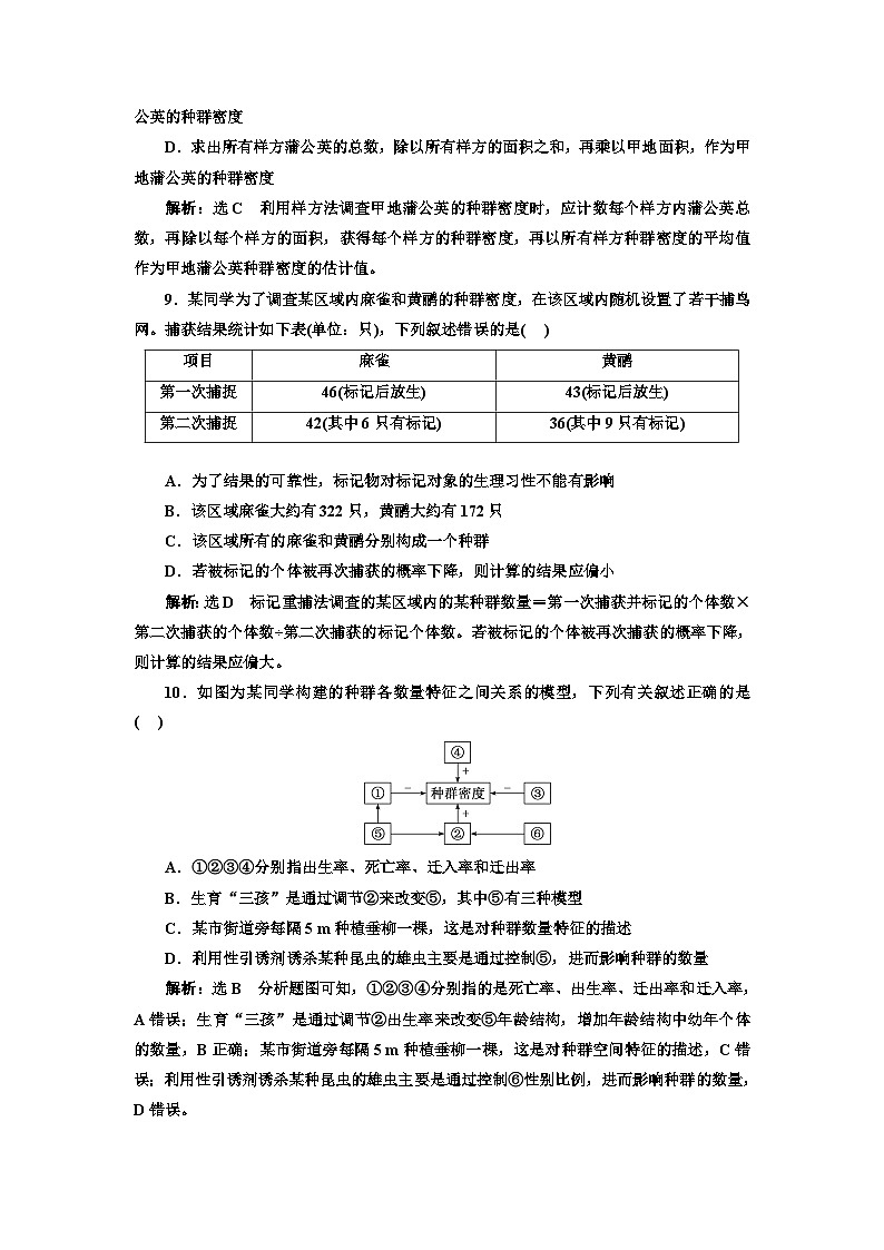 人教版高中生物选择性必修2课时跟踪检测(一)种群的数量特征含答案03
