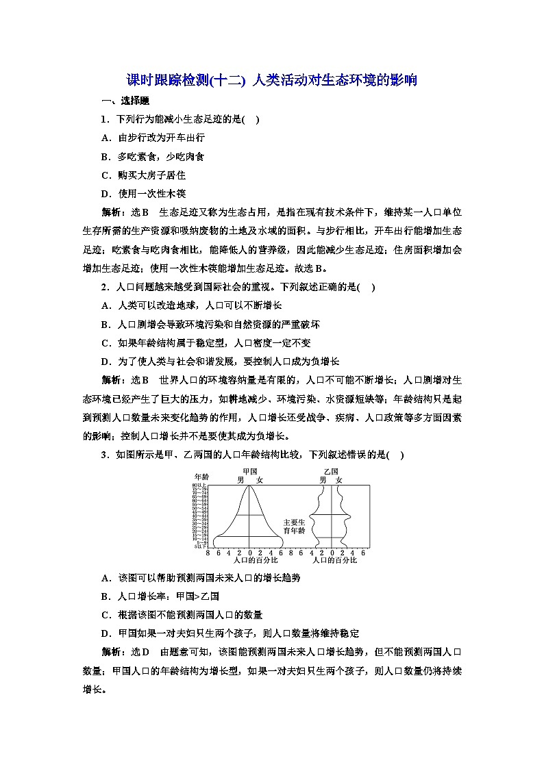 人教版高中生物选择性必修2课时跟踪检测(十二)人类活动对生态环境的影响含答案01