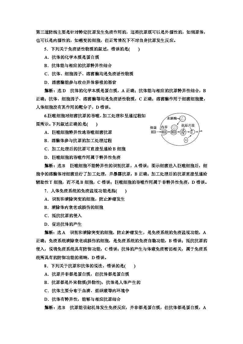 人教版高中生物选择性必修1课时跟踪检测（十一）免疫系统的组成和功能含答案第2页