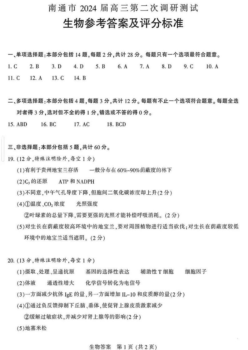 江苏省南通市2024届高三下学期第二次调研测试生物01