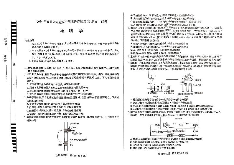 安徽省示范高中皖北协作区2023-2024学年高三下学期联考生物试题01