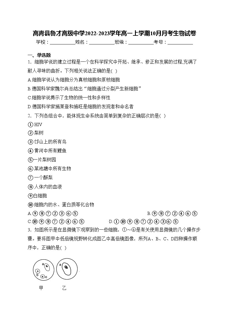 高青县鲁才高级中学2022-2023学年高一上学期10月月考生物试卷(含答案)01