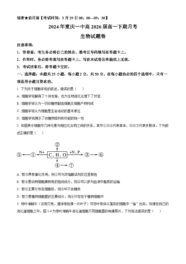 精品解析：重庆市沙坪坝区第一中学校2023-2024学年高一下学期3月月考生物试题（原卷版）第1页