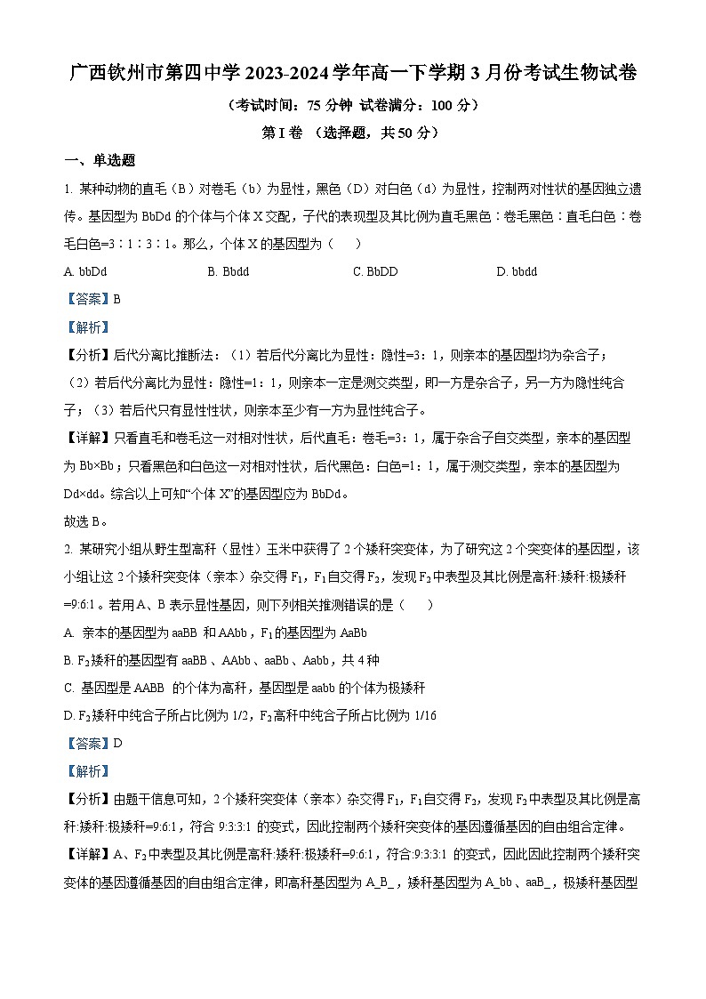精品解析：广西钦州市第四中学2023-2024学年高一下学期3月考试生物试卷（解析版）第1页