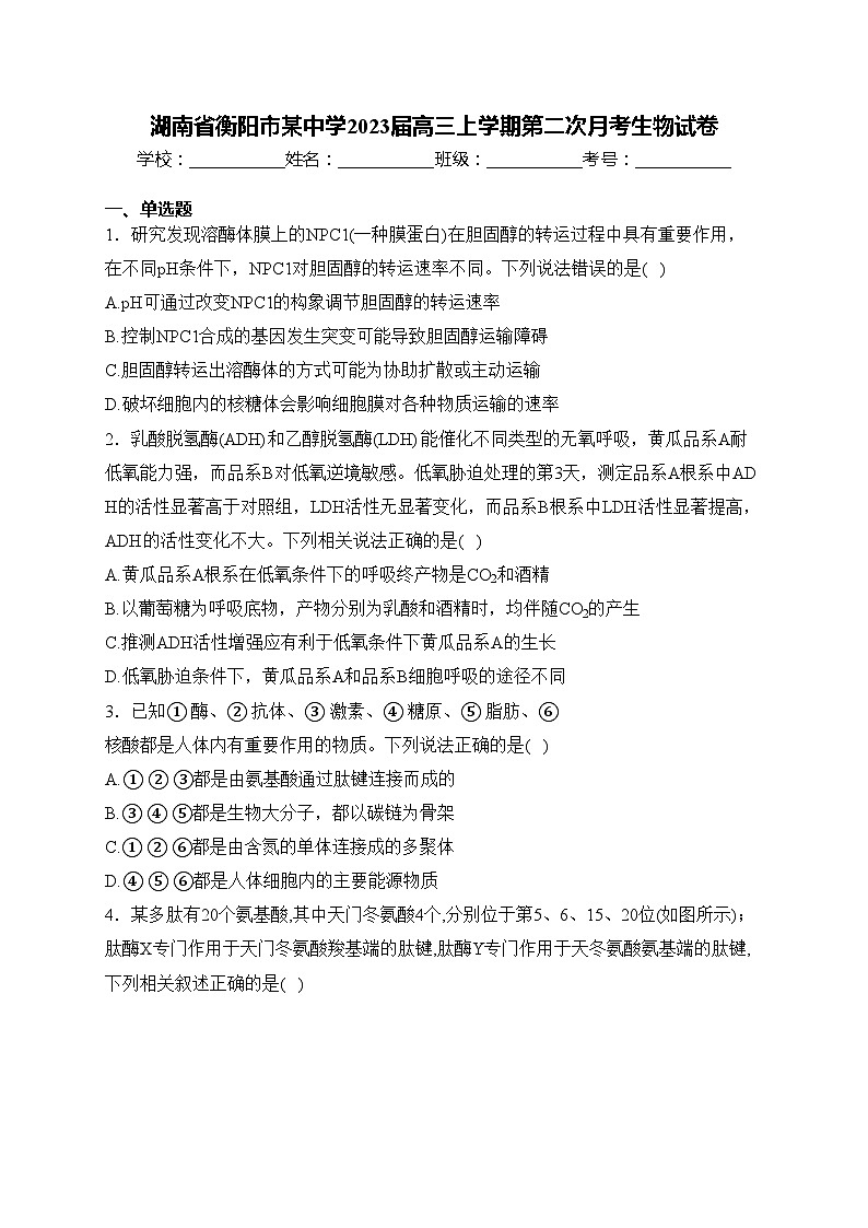 湖南省衡阳市某中学2023届高三上学期第二次月考生物试卷(含答案)第1页