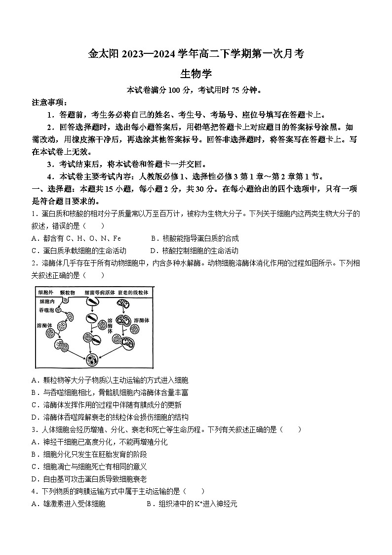 河南省濮阳市2023-2024学年高二下学期3月月考生物试题01