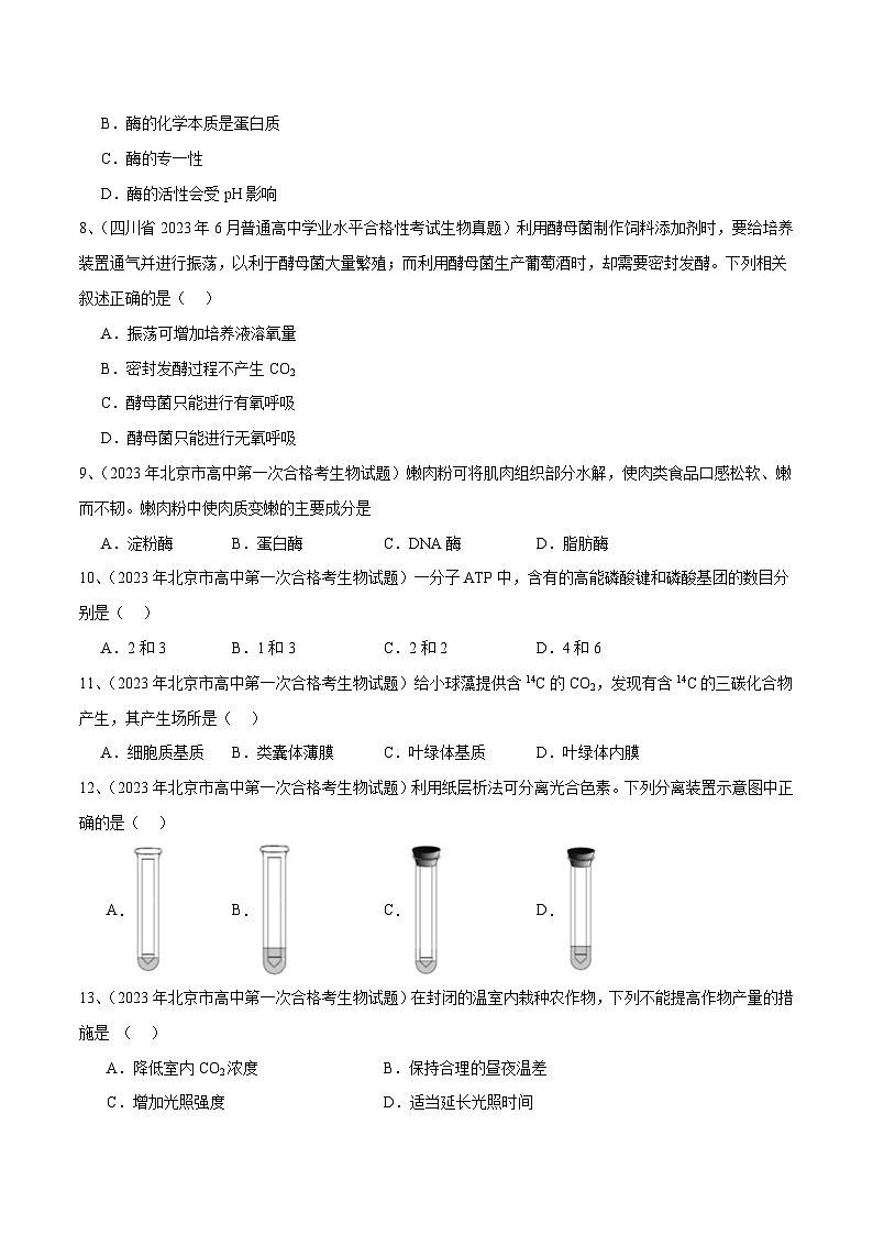 专题05 细胞的能量供应和利用-备战2024年高中学业水平考试生物真题分类汇编02