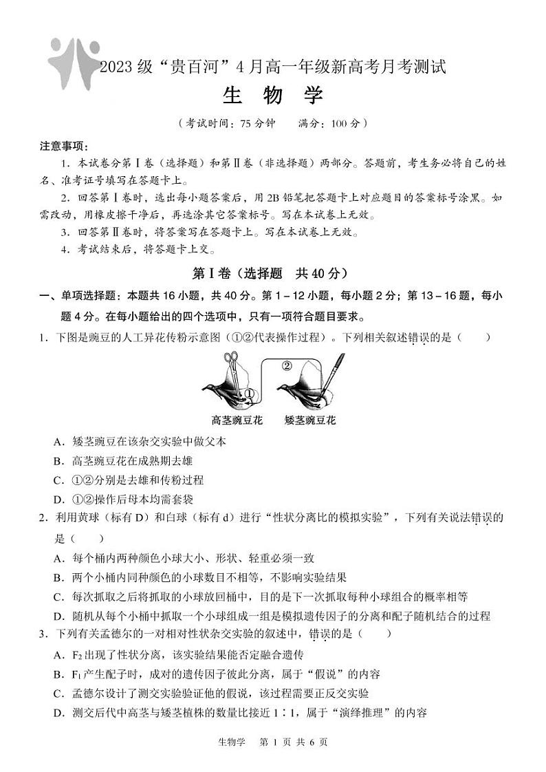 广西壮族自治区贵百河联考2023-2024学年高一下学期4月月考生物试题01