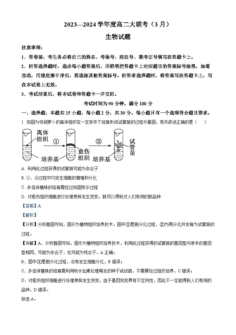 山东省大联考2023-2024学年高二下学期3月月考生物试题（原卷版+解析版）01