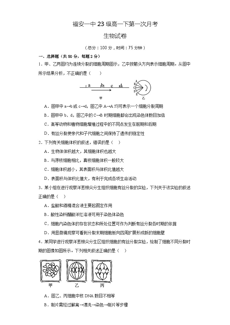 福安一中23级高一下第一次月考-生物试卷及答案第1页