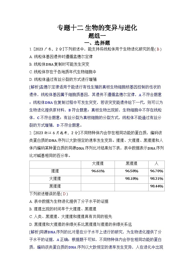 专题十二 生物的变异与进化-2024五年高考题分类训练（生物）第1页