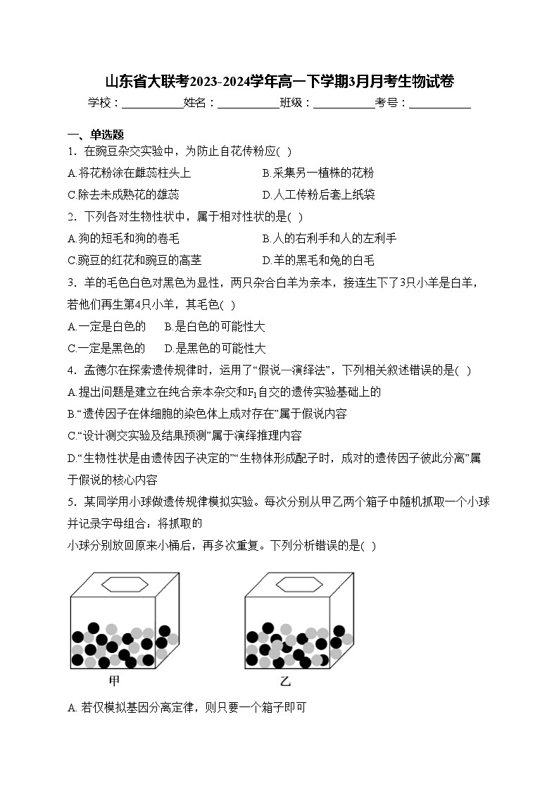 山东省大联考2023-2024学年高一下学期3月月考生物试卷(含答案)第1页