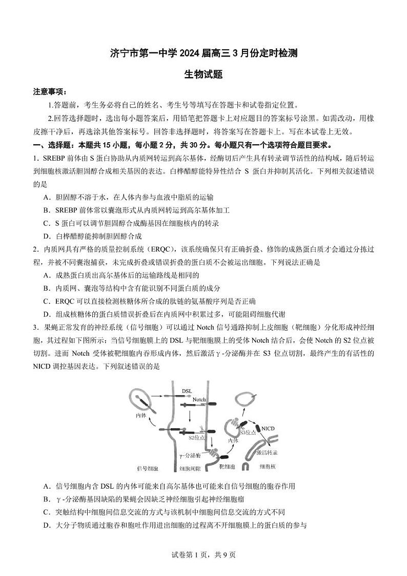 2024济宁一中高三下学期3月月考试题生物PDF版含答案（可编辑）第1页