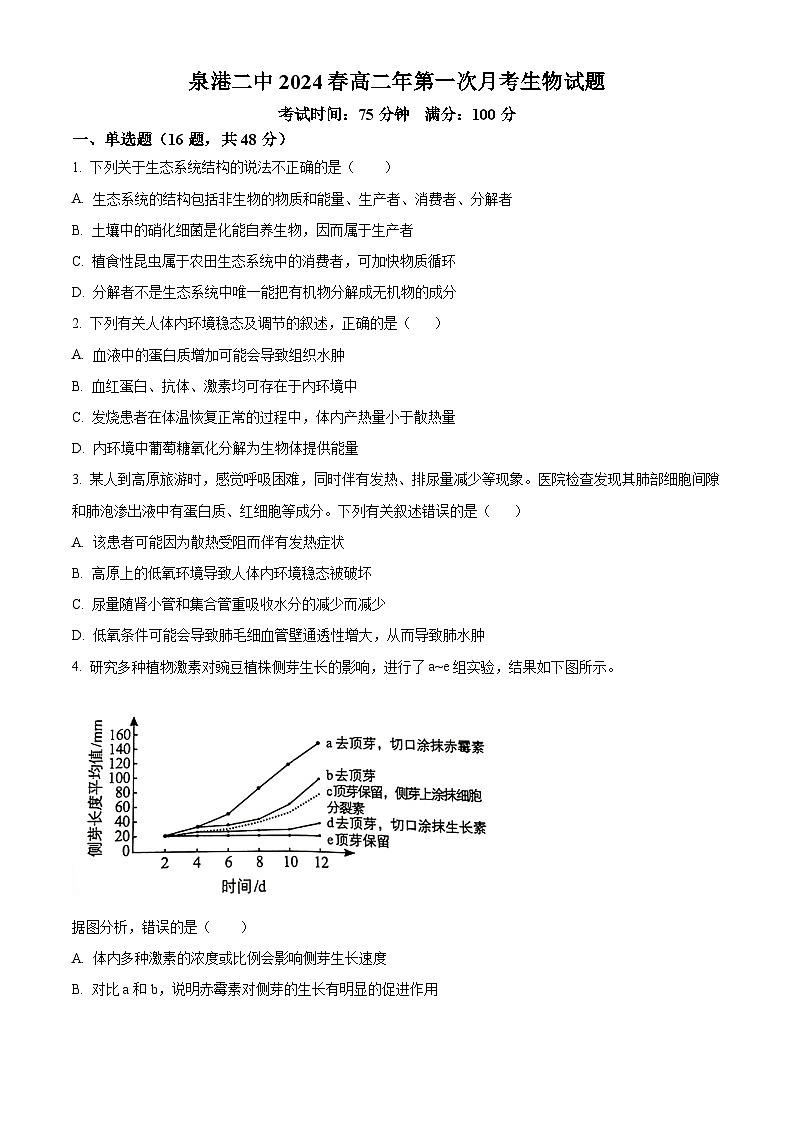 福建省泉州市泉港区第二中学2023-2024学年高二下学期3月月考生物试题（原卷版）第1页