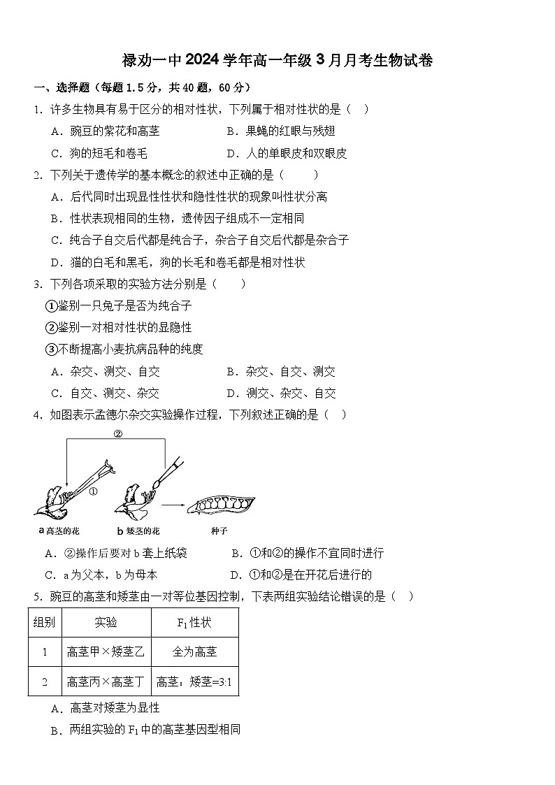 云南省昆明市禄劝彝族苗族自治县第一中学2023-2024学年高一下学期3月月考生物试卷第1页