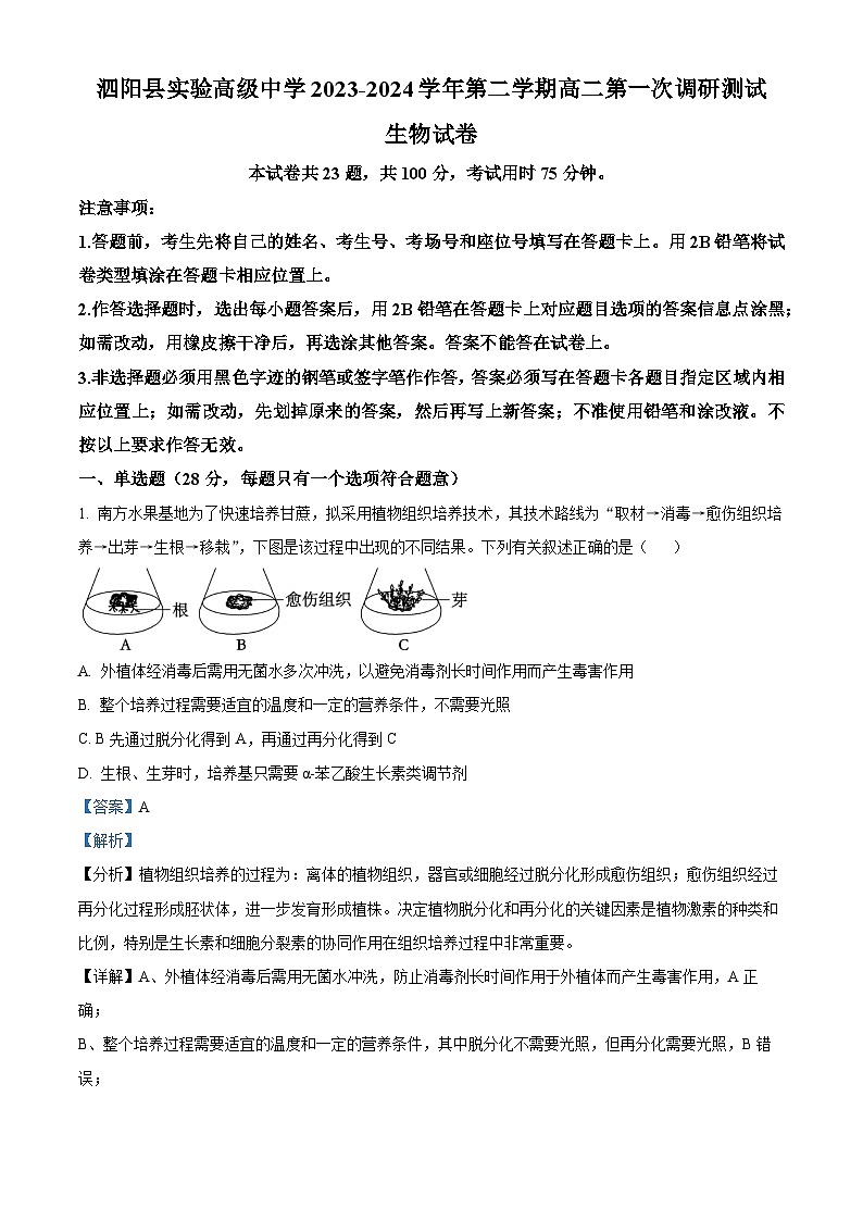 江苏省宿迁市泗阳县实验高级中学2023-2024学年高二下学期3月月考生物试题（解析版）第1页