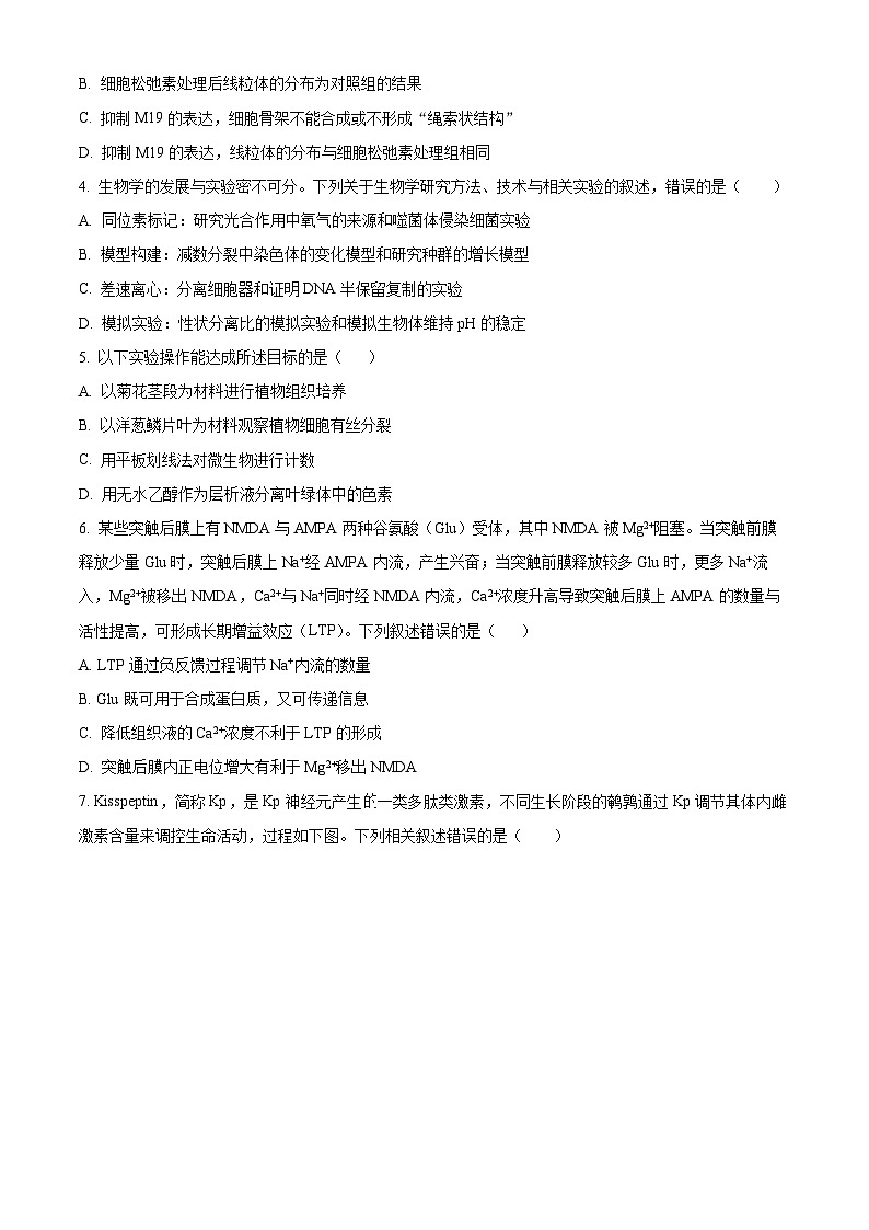 精品解析：2024届天津市南开区高三下学期第一次质量调查生物试题（原卷版）第2页