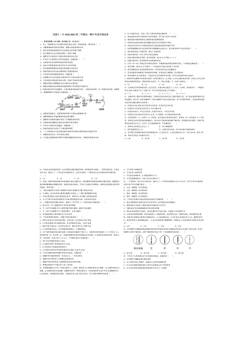 安徽省芜湖市十二中2022-2023学年高一下学期期中考试生物试卷第1页
