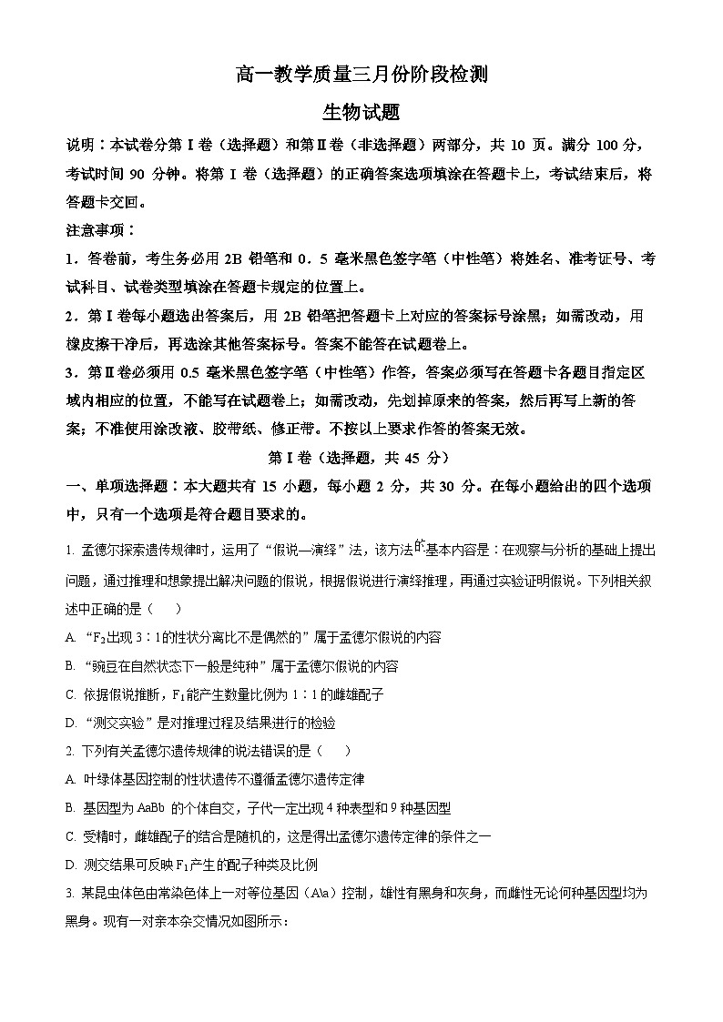山东省枣庄市滕州市第一中学2023-2024学年高一下学期3月月考生物试卷（原卷版）第1页