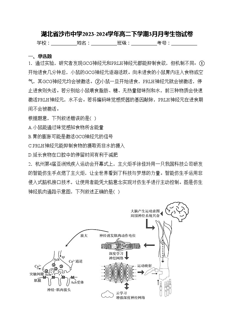 湖北省沙市中学2023-2024学年高二下学期3月月考生物试卷(含答案)第1页