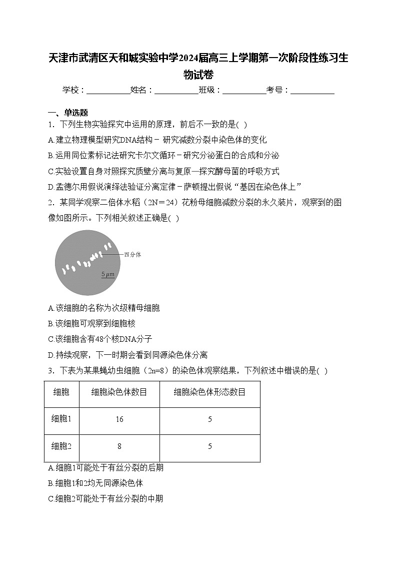 天津市武清区天和城实验中学2024届高三上学期第一次阶段性练习生物试卷(含答案)第1页