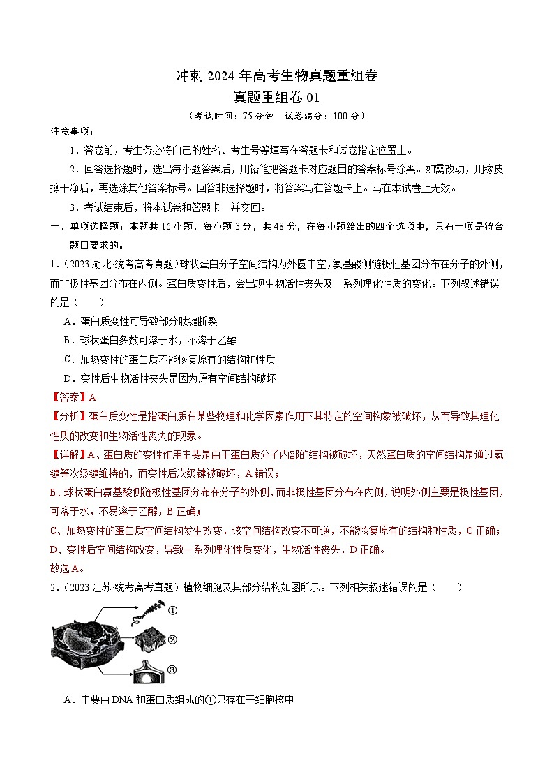 冲刺2024年高考生物真题重组卷（贵州专用）真题重组卷0101