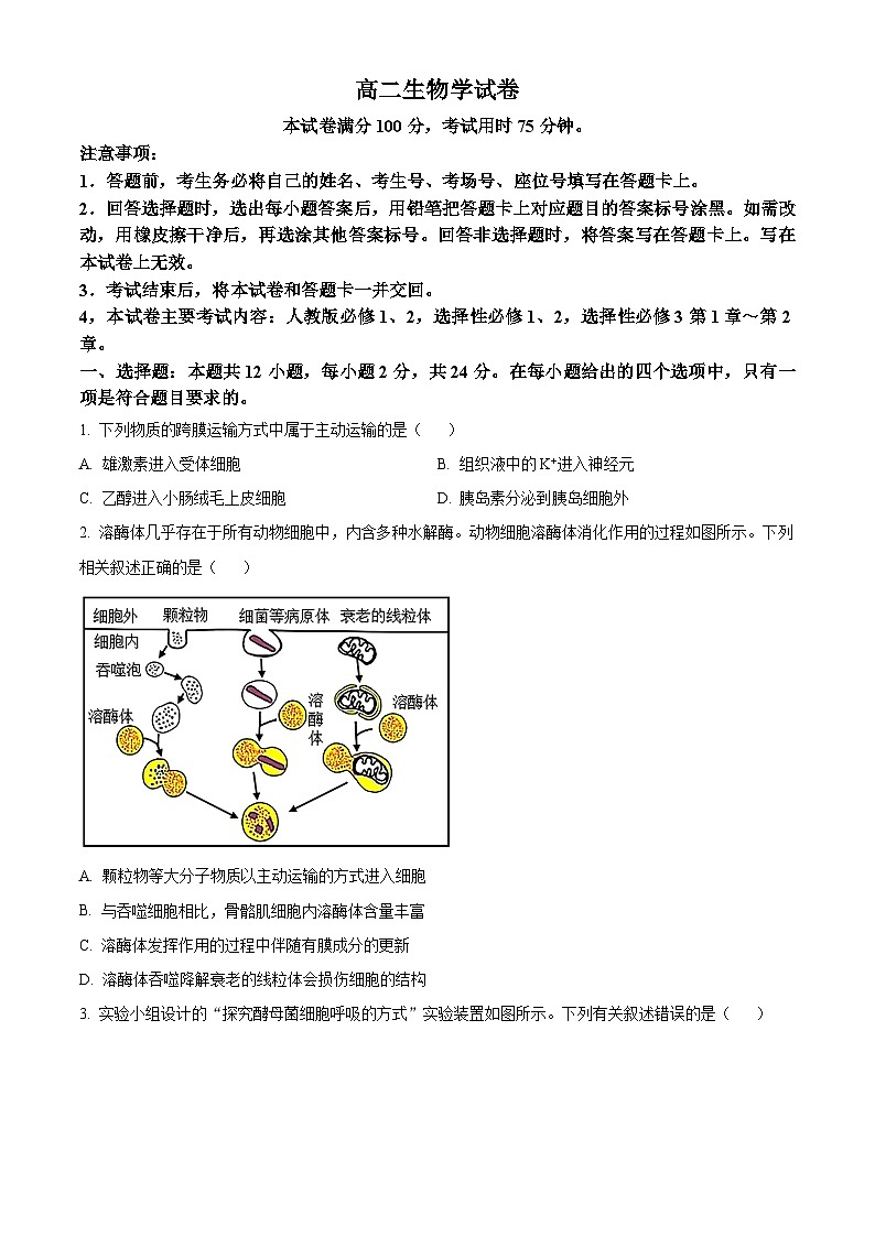 湖南省衡阳市衡阳县三校联考2023-2024学年高二下学期4月月考生物试题（原卷版）第1页
