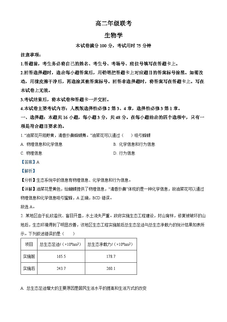 贵州省遵义市四城区联考2023-2024学年高二下学期4月月考生物试题（解析版）第1页
