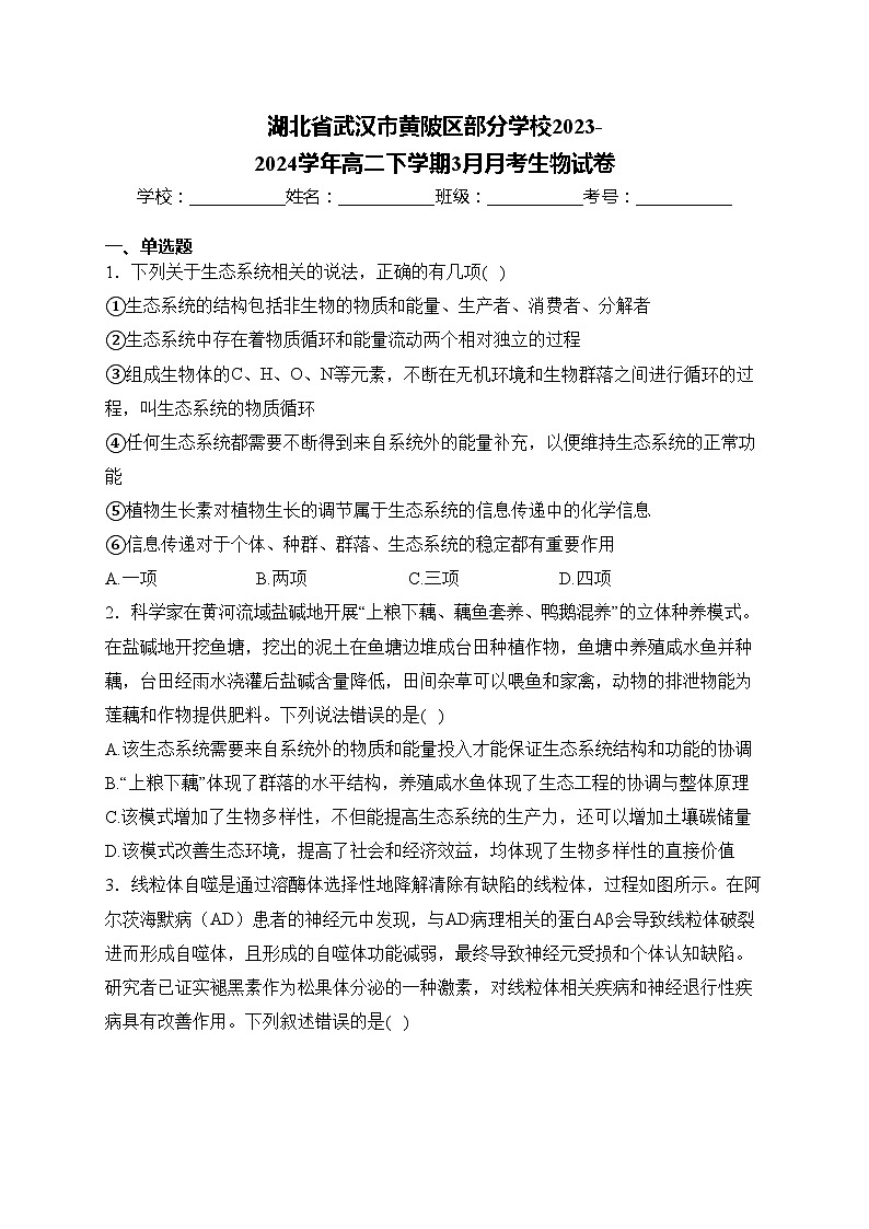 湖北省武汉市黄陂区部分学校2023-2024学年高二下学期3月月考生物试卷(含答案)01