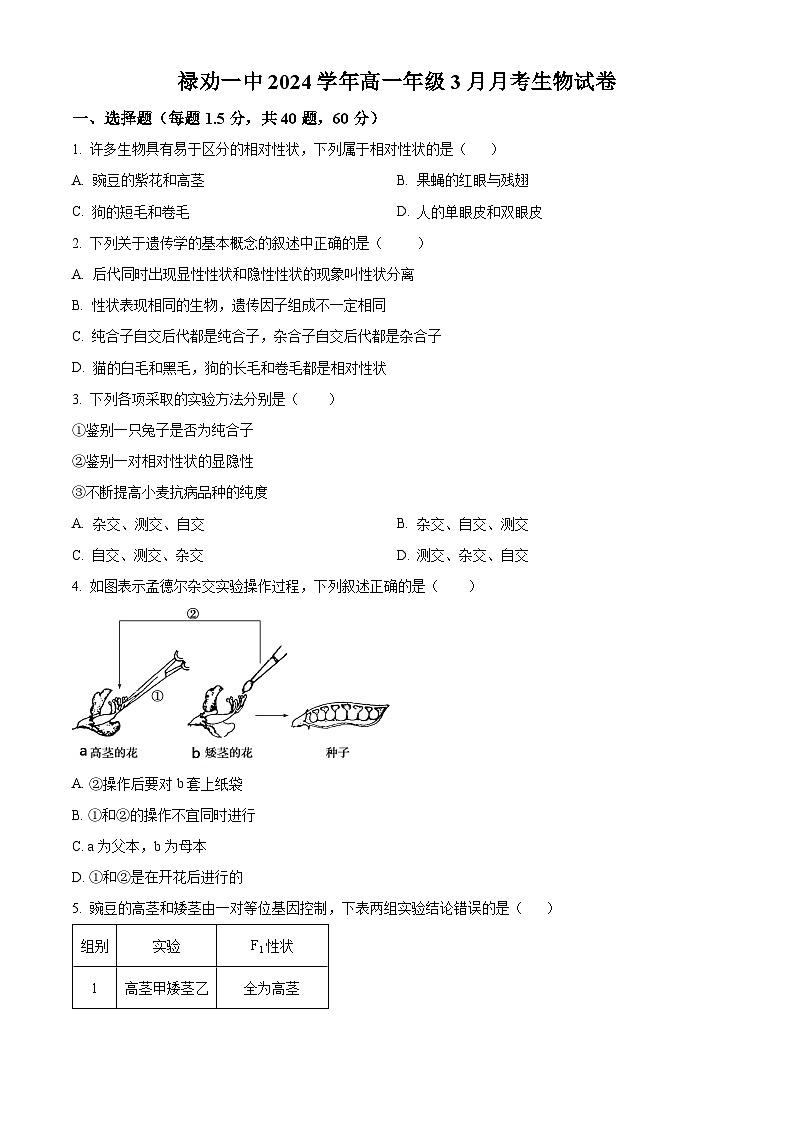 云南省昆明市禄劝彝族苗族自治县第一中学2023-2024学年高一下学期3月月考生物试卷（原卷版）第1页